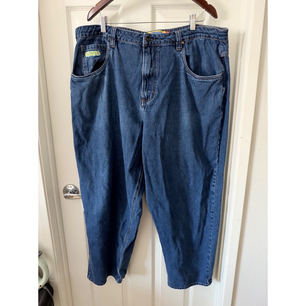 Empyre Loose Fit Blue Denim Jeans Mens 40 Embroidered Streetwear Medium Wash